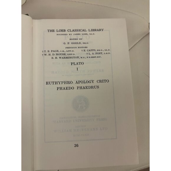 Plato: Euthyphro Apology Crito & Phaedrus  1982 Loeb Classical Library Edition - Picture 16 of 16